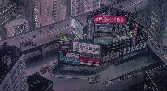 prompthunt: A cute aesthetic still frame from an 80's or 90's anime,  minimal street in Japan with a waterfall, shops, trees