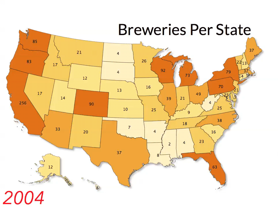 Breweries Per State In The US: 2004 - 2012 ... - Maps On The Web