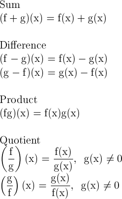 Algebra Of Functions Composite And Inverse Algebraic Combinations Of Functions When Given Two Functions F And G You Can Find Their Sum Difference Product And Quotient Using The Following Identities Image All Domains F And G S Domain Composite