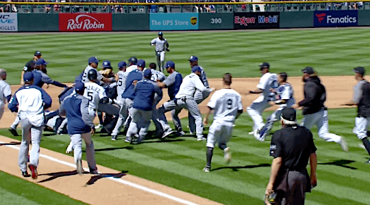 GF Baseball — Nolan Arenado charges the mound after Luis